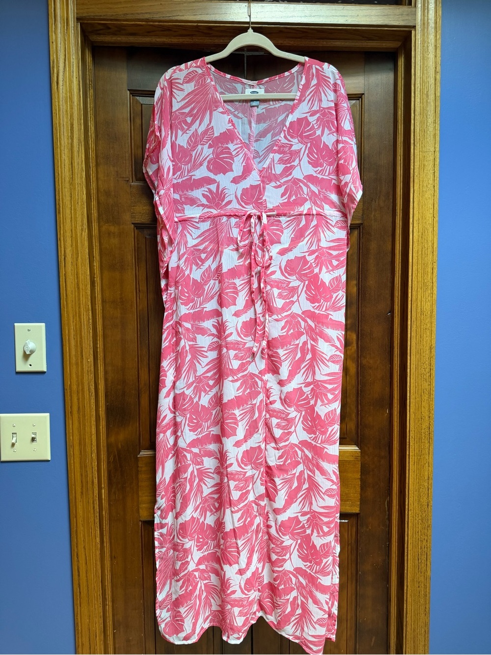 Old Navy Pink and White Tropical Tie-Waist Maxi Coverup, Size Medium